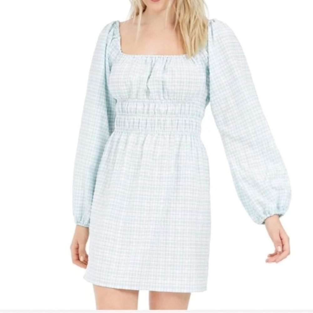 Leyden Light Blue Gingham mini Dress small long sleeve NEW